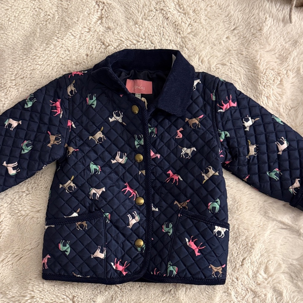 NWT Joules Navy Quilted Equestrian Paddock Jacket with Horse Print